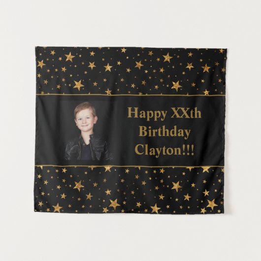 メッセージ付きゴールドスターの写真 ブラックの誕生日 タペストリー (正面(横))
