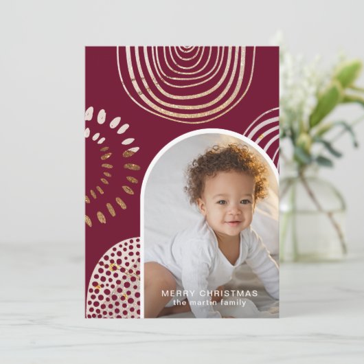 メッセージ付きバーガンディのクリスマス写真 シーズンカード (スタンド正面)