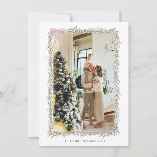 メッセージ付きピンクボウガーランドのクリスマスフォト シーズンカード (正面)