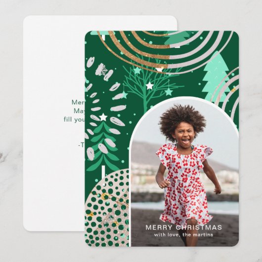 メッセージ付きホリデーグリーンメリークリスマスフォト シーズンカード (正面/裏面)