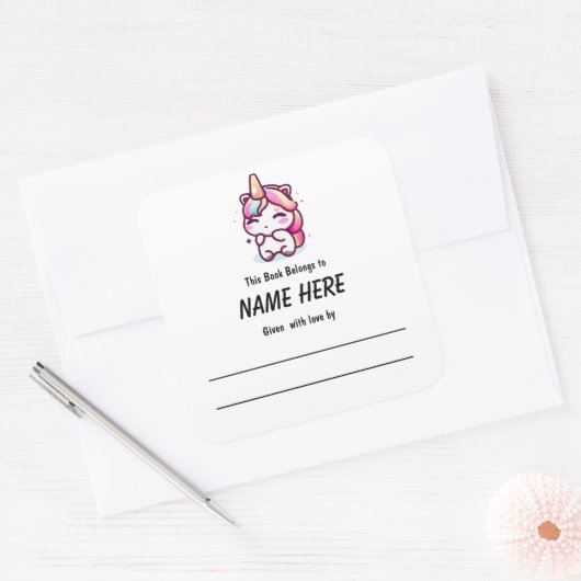 メッセージ付きユニコーン子ども蔵書票 スクエアシール (封筒)