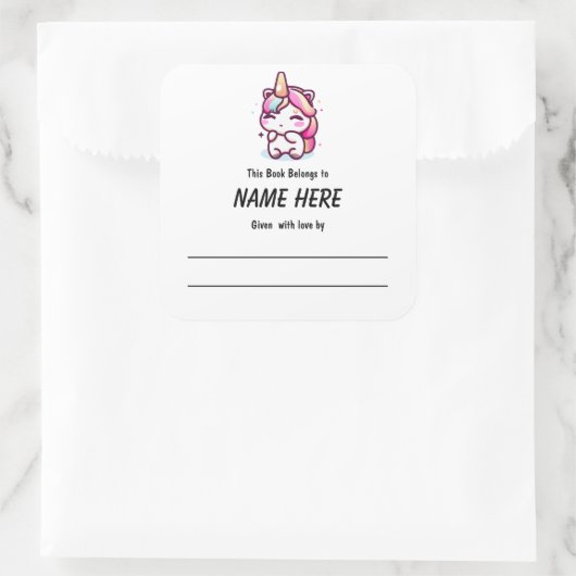 メッセージ付きユニコーン子ども蔵書票 スクエアシール (バッグ)