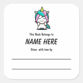 メッセージ付きユニコーン子ども蔵書票 スクエアシール