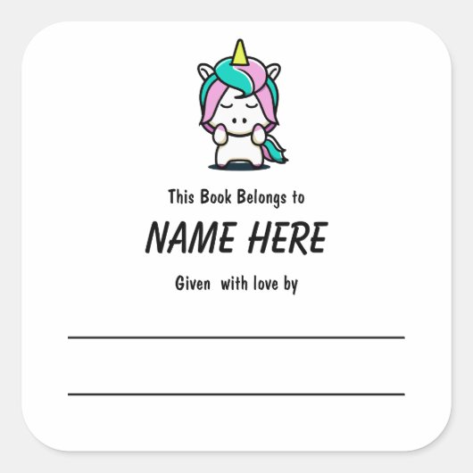 メッセージ付きユニコーン子ども蔵書票 スクエアシール (正面)