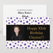 メッセージ付き紫の星の写真　誕生日パーティー 招待状 (正面/裏面)