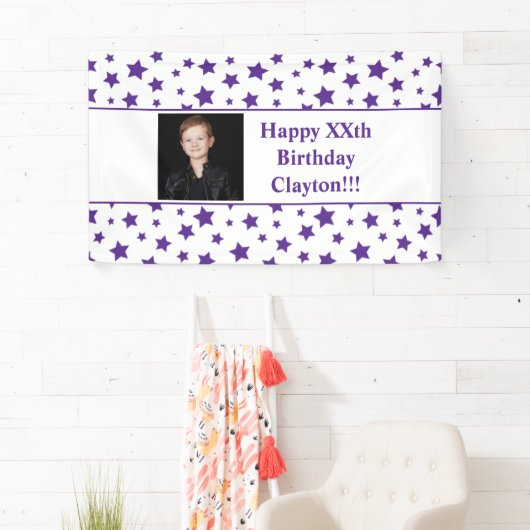 メッセージ付き紫色の星フォト誕生日バナー 横断幕 (インサイチュ)