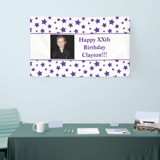 メッセージ付き紫色の星フォト誕生日バナー 横断幕 (トレードショー)