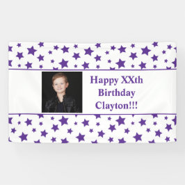 メッセージ付き紫色の星フォト誕生日バナー 横断幕