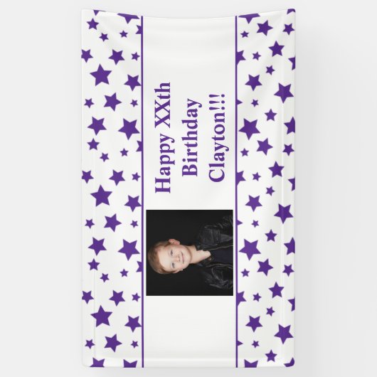 メッセージ付き紫色の星フォト誕生日バナー 横断幕 (縦)