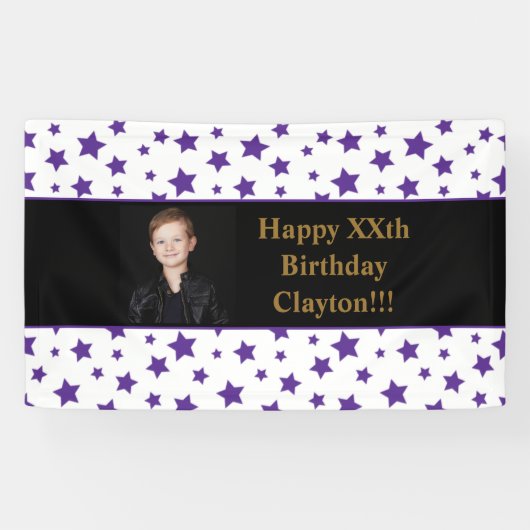 メッセージ付き紫色の星フォト誕生日バナー 横断幕 (横)