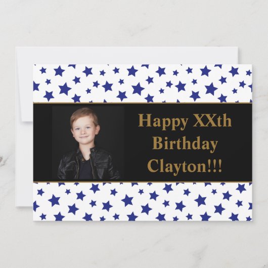 メッセージ付き青い星フォトバースデーパーティー 招待状 (正面)