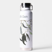 メッセージ淡い色の付きグリーンガムの葉 ウォーターボトル (背面)