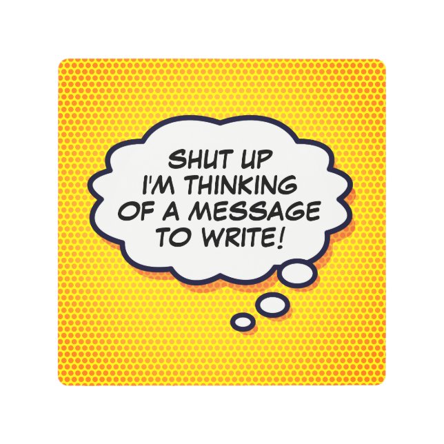 メッセージ考えバブルおもしろいレトロ漫画ブックポップ・アートの メタルプリント (正面)