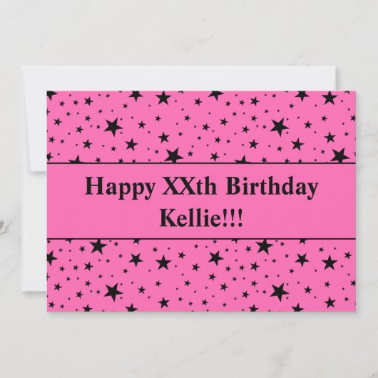 メッセージ誕生日付きピンク色の黒い星 招待状 (正面)