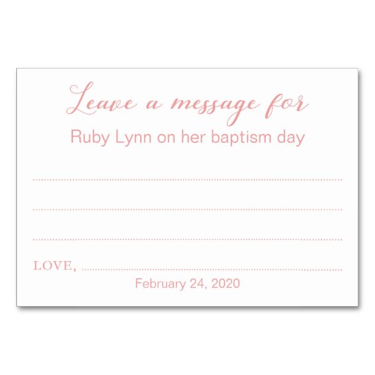 メッセージ離れバプテスマの《キリスト教》洗礼式や命名式カードピンク テーブルナンバー (正面)