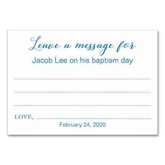 メッセージ離れバプテスマの《キリスト教》洗礼式や命名式カードブルー テーブルナンバー (正面)