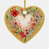 メッセーパーソナライズされたジカラフル「金ゴールド」フローラ・ハート セラミックオーナメント (正面)