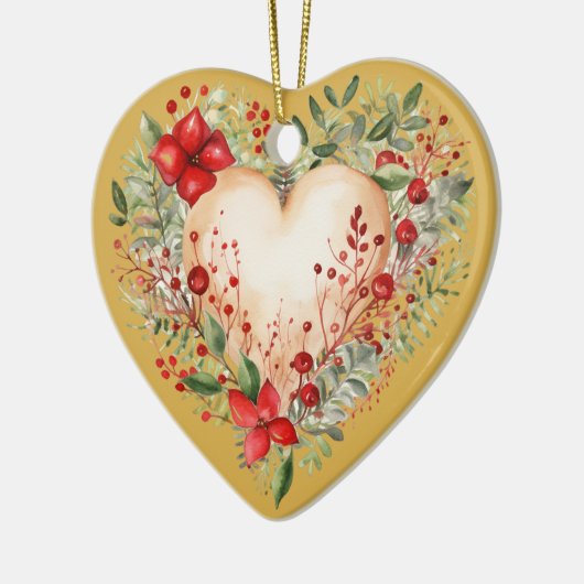 メッセーパーソナライズされたジカラフル「金ゴールド」フローラ・ハート セラミックオーナメント (左)