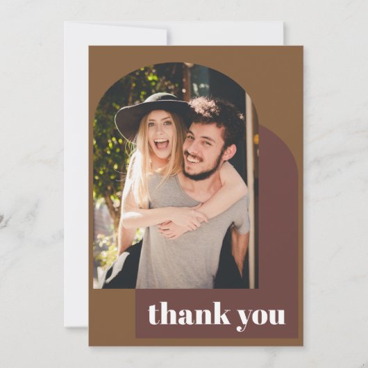 メッセーパーソナライズされたジレトロ70sブラウン結婚の写真 サンキューカード (正面)