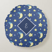 メッパーソナライズされたセージ月と星の青 ラウンドクッション (正面)