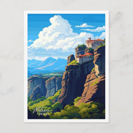 メテオラギリシャヴィンテージ旅行イラストレーション ポストカード (正面)