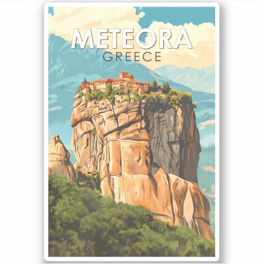 メテオラ ギリシャ イラスト 旅行 アート ヴィンテージ シール (正面)