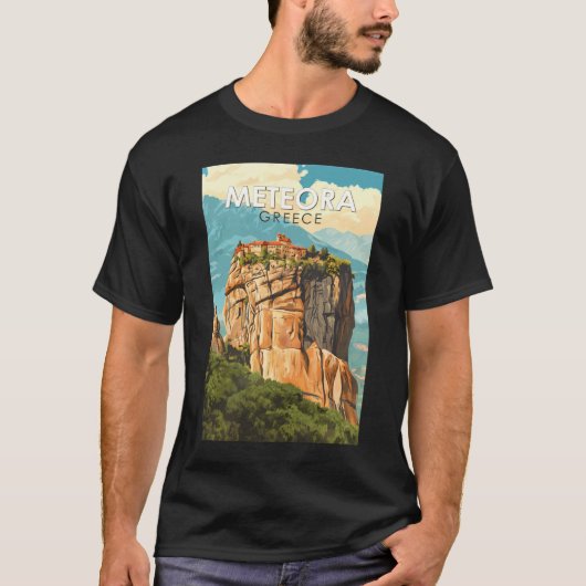 メテオラ ギリシャ イラスト 旅行 アート ヴィンテージ Tシャツ (正面)