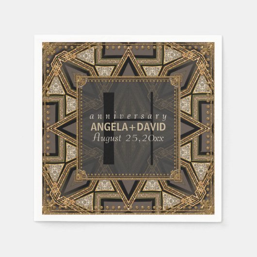 メディアアールデコブラック結婚金ゴールドの記念日 スタンダードカクテルナプキン (正面)