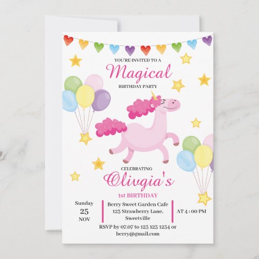 メディカルガールの初めてのキュートなピンクのユニコーンの誕生日 招待状 (正面)