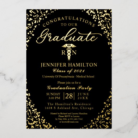 メディカルスクールグラードパーティーブラック金ゴールド 箔招待状 (正面)