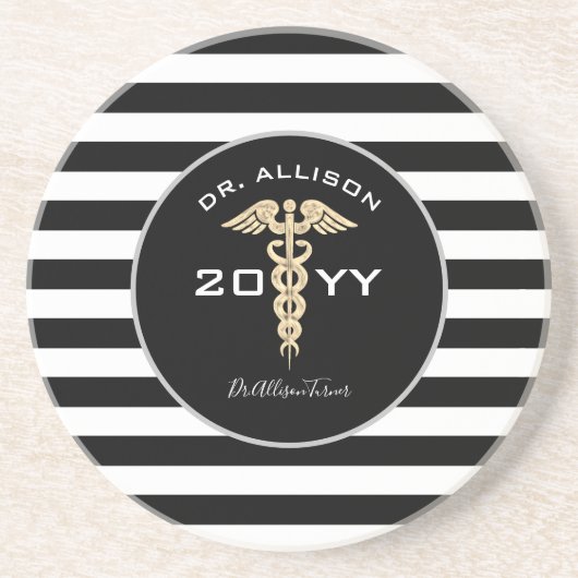 メディカルドクターカデュセウス白黒パーソナライズされた コースター (正面)