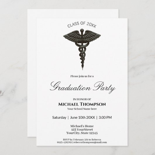 メディカルブラックカドゥセスノーブル卒業招待状 招待状 (正面/裏面)