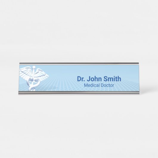 メディカルホワイト3Dカデュースブルーデザイン デスクネームプレート (正面)