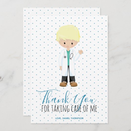 メディック男性ドクターブルータイポグラフィ水玉模様 サンキューカード (正面/裏面)