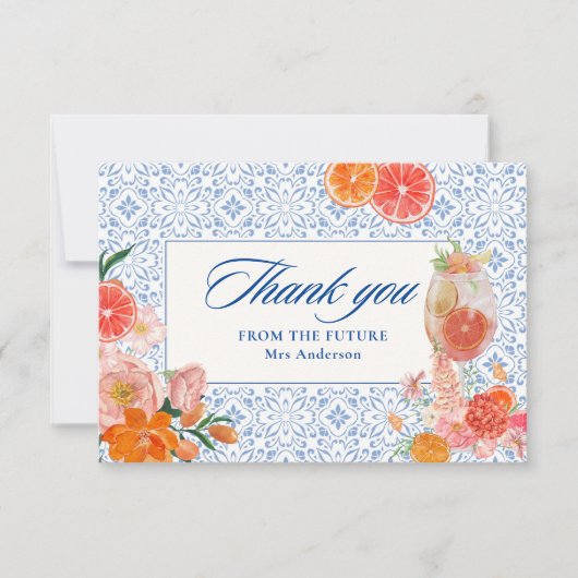 メディテラニアンスタイルのウェディングシャワーのラブアットファーストスプリッツ サンキューカード (正面)