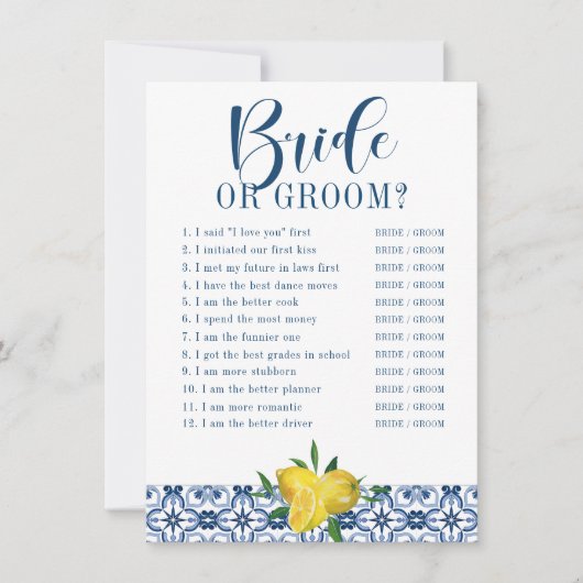 メディテラネアンブルータイルレモンブライダルシャワーゲーム 招待状 (正面)