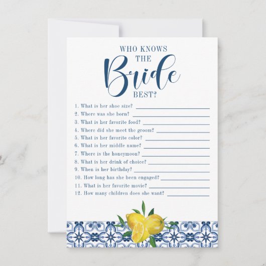 メディテラネアンブルータイルレモンブライダルシャワーゲーム 招待状 (正面)