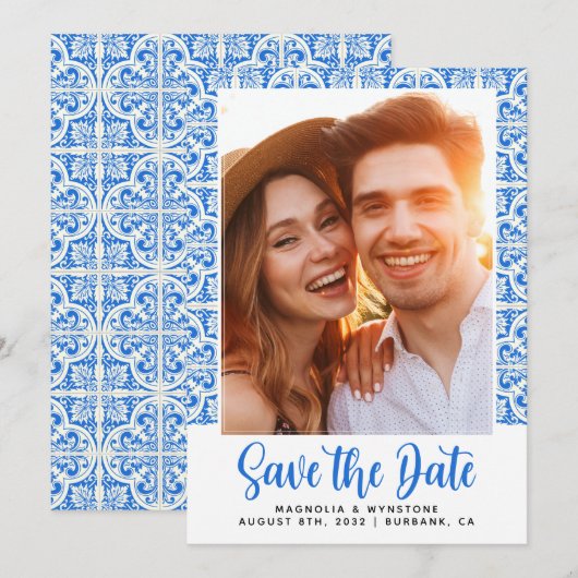 メディテレニアン ブルー タイル フォト ウェディング セーブザデート (正面/裏面)