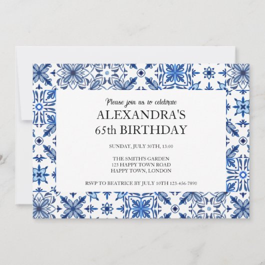 メディテレーニアンタイル フレーム 誕生日パーティー 招待状 (正面)