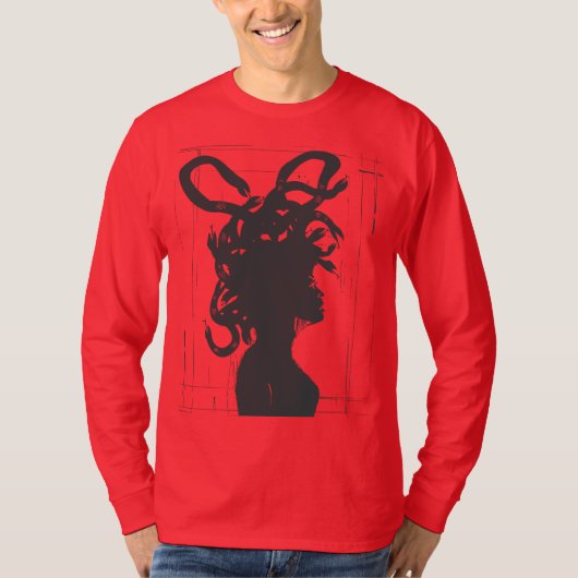 メデューサのインク: 手描きの神話的デザイン Tシャツ (正面)