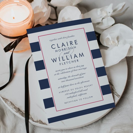 メトロストライプ結婚式招待状 |ピンクとネイビー 招待状