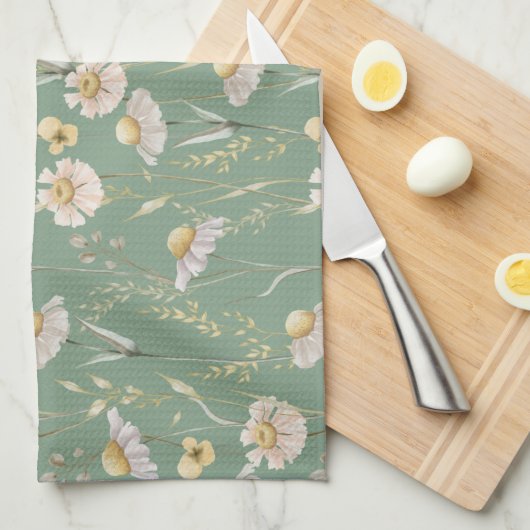 メドウコテージカントリープリントオングリーン キッチンタオル (四つ折り)