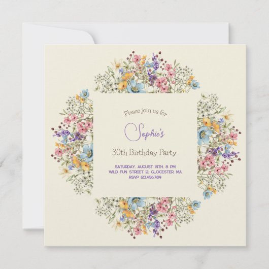 メドウズカラフル花誕生日招待 招待状 (正面)