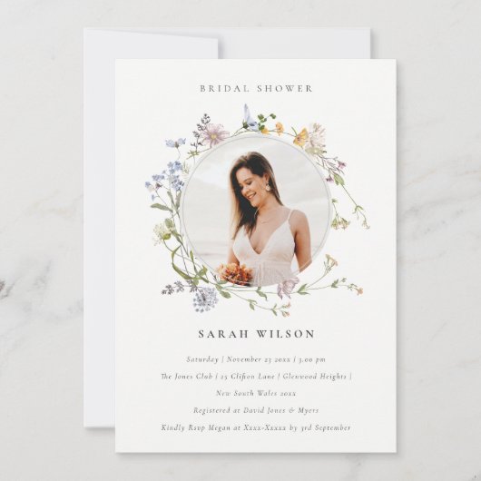 メドウフローラリースブライダルシャワーフォト招待状 サンキューカード (正面)