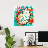 メドウブロッサムキャットブリスウォーターカラー ポスター (ホームオフィス)