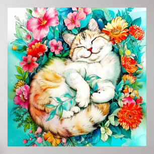 メドウブロッサムキャットブリスウォーターカラー ポスター