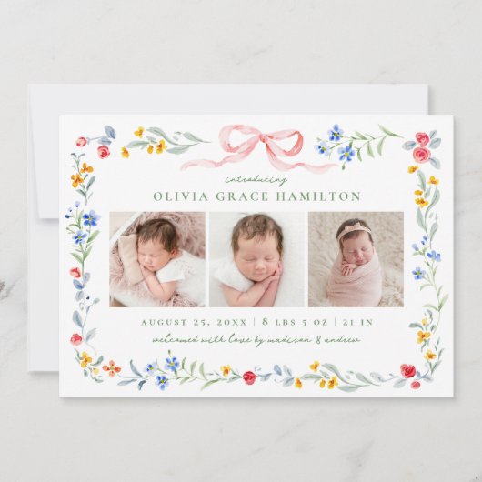 メドエレガントウ開花ピンクボウ3フォト誕生 案内状 (正面)