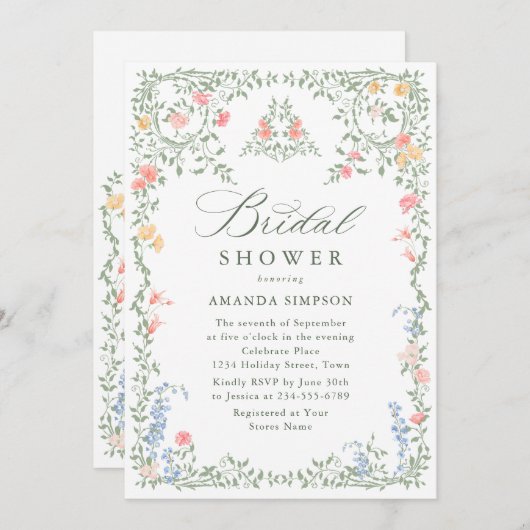 メドーパステルフランスのバラフローラブライダルシャワー 招待状 (正面/裏面)