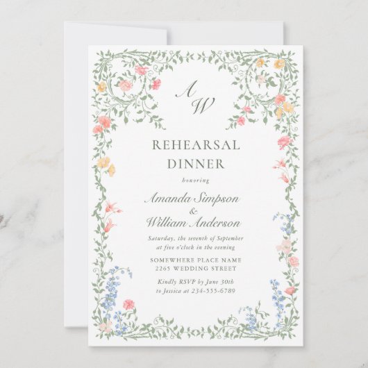 メドーパステルフランスのバラフローラリハーサルディナー 招待状 (正面)