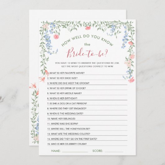 メドーパステルフランスのバラブライダルシャワーゲームカード 招待状 (正面/裏面)